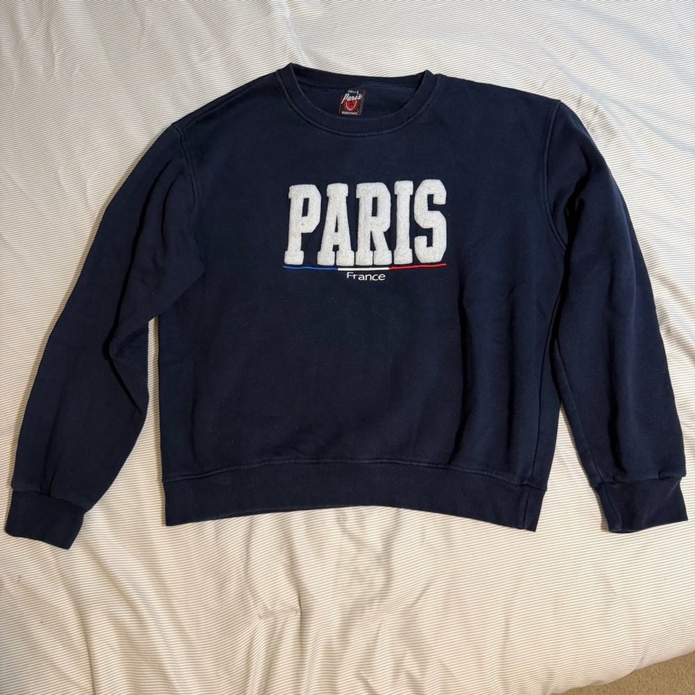 Paris France Large Navy Blue Collegiate Crewneck Sweatshirt